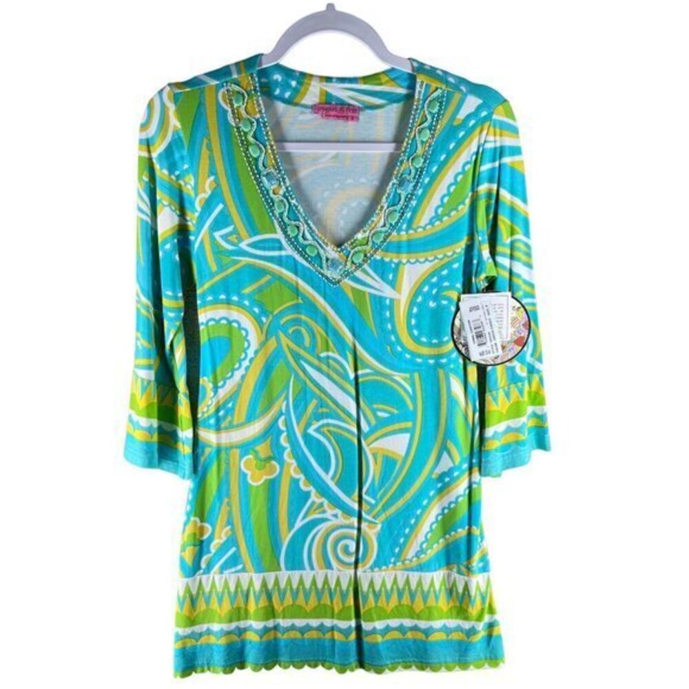 Joyous & Free‎ Womens Tops Size S Printed Beaded 3/4 Sleeve Tunic